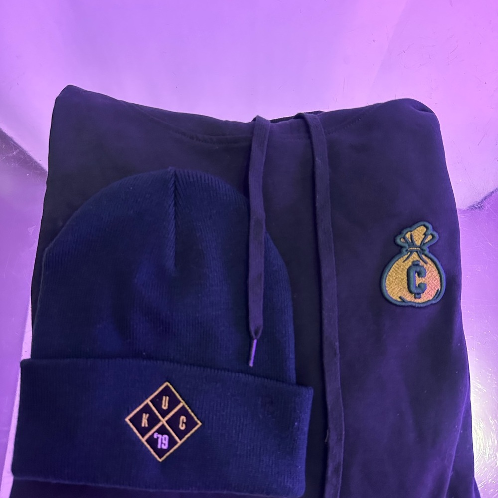 Black Hoodie and Beanie Set with Embroidered Patches